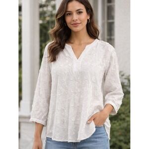 Chico's White Floral Embroidered Cotton Blouse Boho 3/4 Sleeve Plus Size 4 (20)